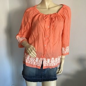 Talbots orange Embroidered button down peasant top size small petite